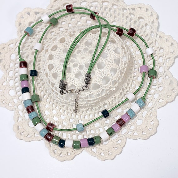 Artisan Ceramic Bead Necklace: Two-Strand Garden Theme, Green Leather Cord