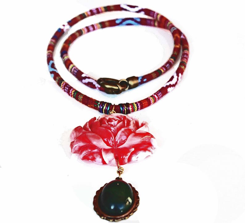 Ethnic Greek Textile Necklace: Red Rose Pendant, Olive Green Gem image 4