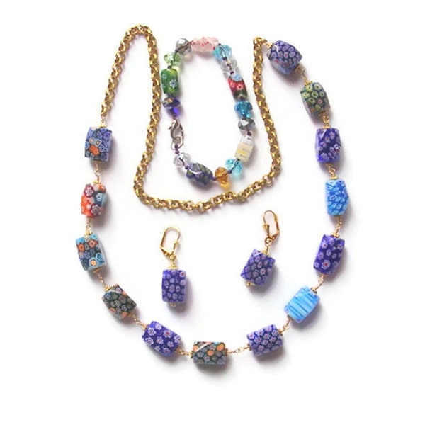 Millefiori Beads, Blue Necklace - Wire Wrapped  Bracelet - Matching Earrings