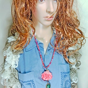 Ethnic Greek Textile Necklace: Red Rose Pendant, Olive Green Gem image 9