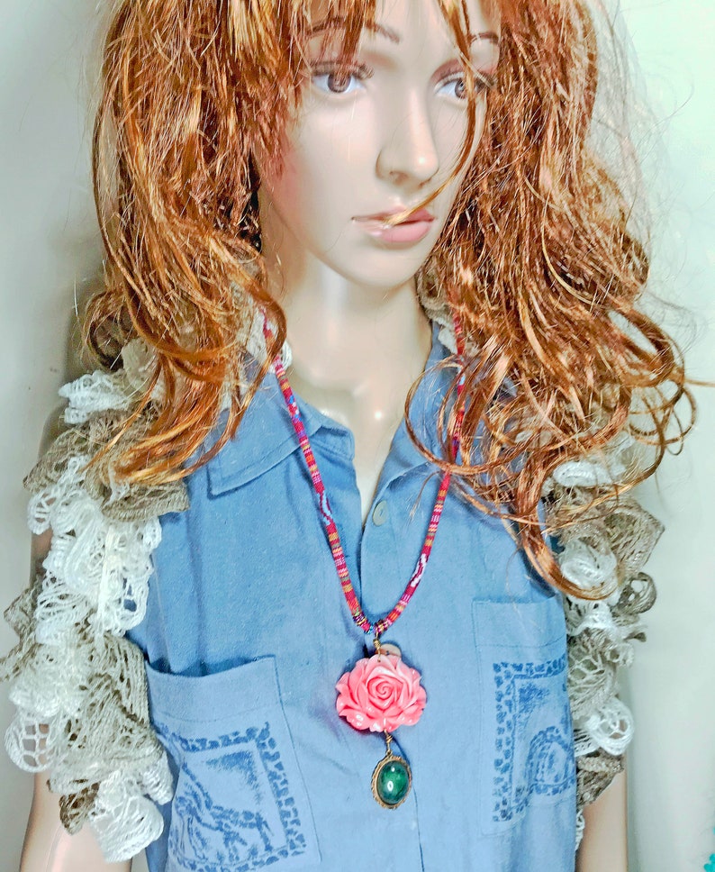 Ethnic Greek Textile Necklace: Red Rose Pendant, Olive Green Gem image 9