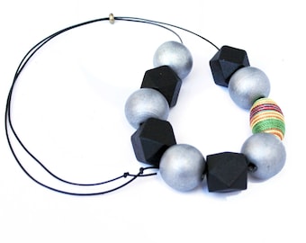 Boho Wooden Beaded Necklace: Steel Grey, Black, Multicolor, Adjustable