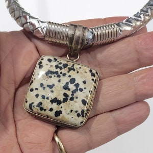 Statement black and white spotted Agate Sterling Pendant, Natural Woven Silver Cord, Dalmatian Agate Necklace, Classic Style and Color Combo image 8