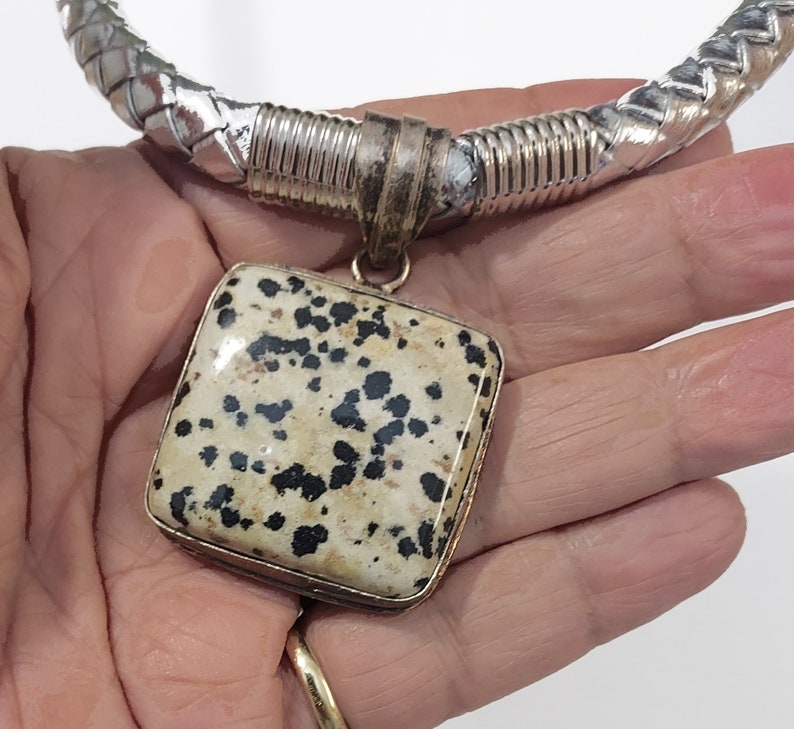 Statement black and white spotted Agate Sterling Pendant, Natural Woven Silver Cord, Dalmatian Agate Necklace, Classic Style and Color Combo image 8