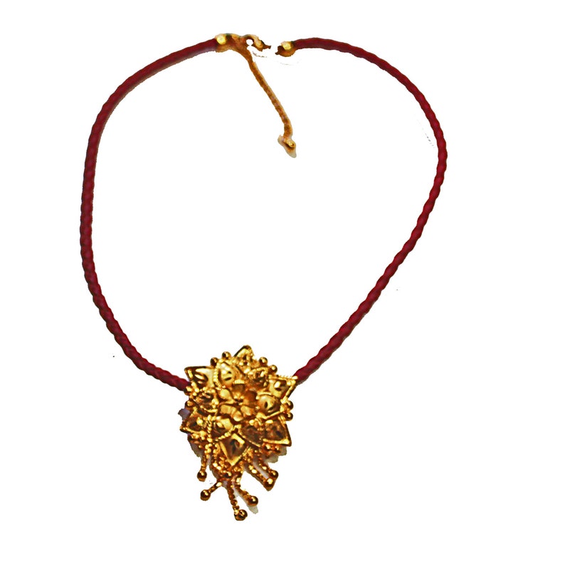 Vintage Gold Plated Turkish Flower pendant, Adjustable Length Red Woven leather Cord, Boho, Ethnic Style Jewelry, Festive look gift image 3