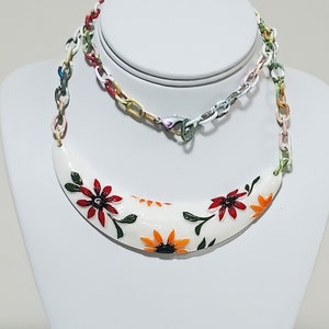 Enameled Flower Necklace: Colorful Garden Theme, Long Link Chain
