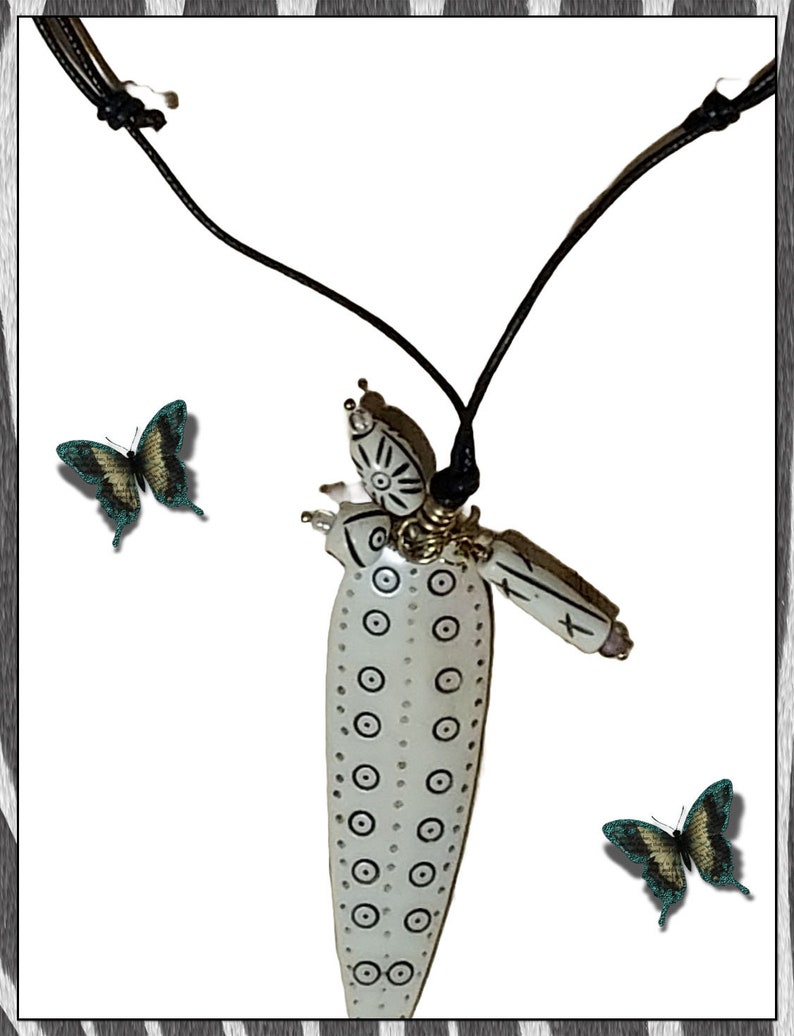 Tribal Faux Ivory Pendant Necklace: Boho Leather Cord, Macrame Detail image 6
