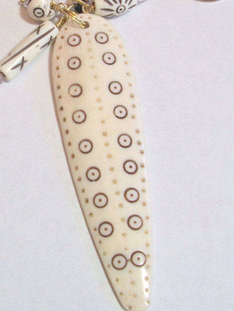 Tribal Faux Ivory Pendant Necklace: Boho Leather Cord, Macrame Detail image 2