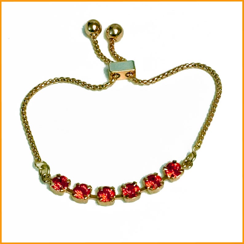 Elegant Vintage Orange Crystal Bracelet, Gold plated base metal link chain, adjustable length jewelry image 1