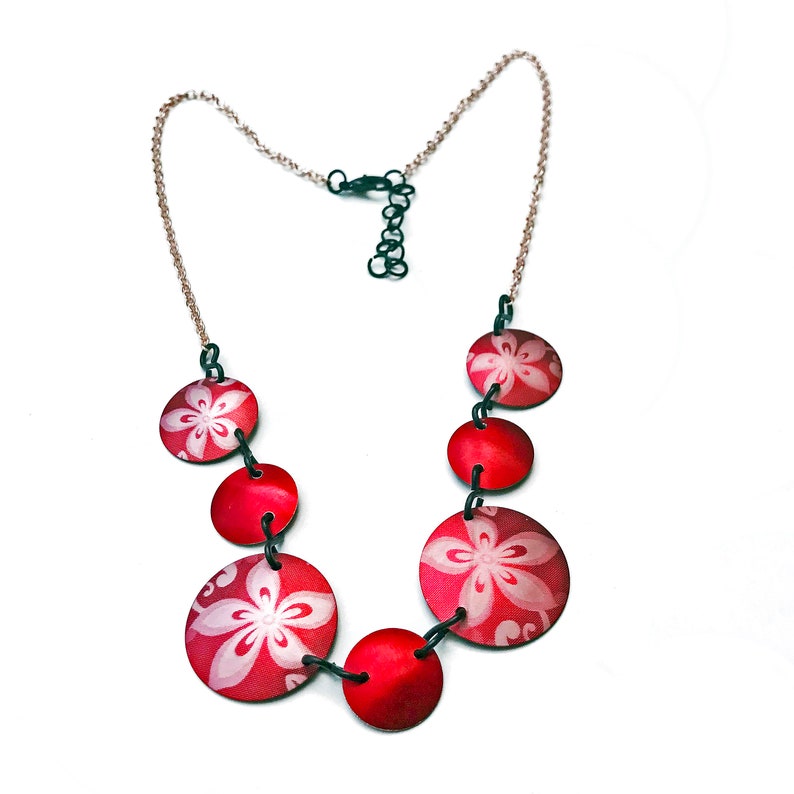 Embossed Red Metal Necklace with White Flower Accents and Solid Red Disk Beads, Varying size Disks, Black Metal Link Chain, Boho Jewelry image 1