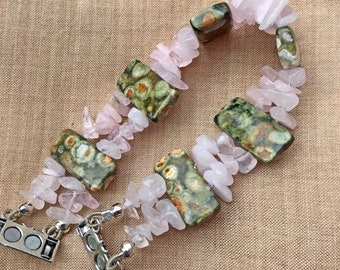 Pink Quartz Nugget and Ocean Jasper Station Two Strand Bracelet, Ease of Use Magnetic Clasp, Trendy Colors Jewelry for a Medium Size Wrist