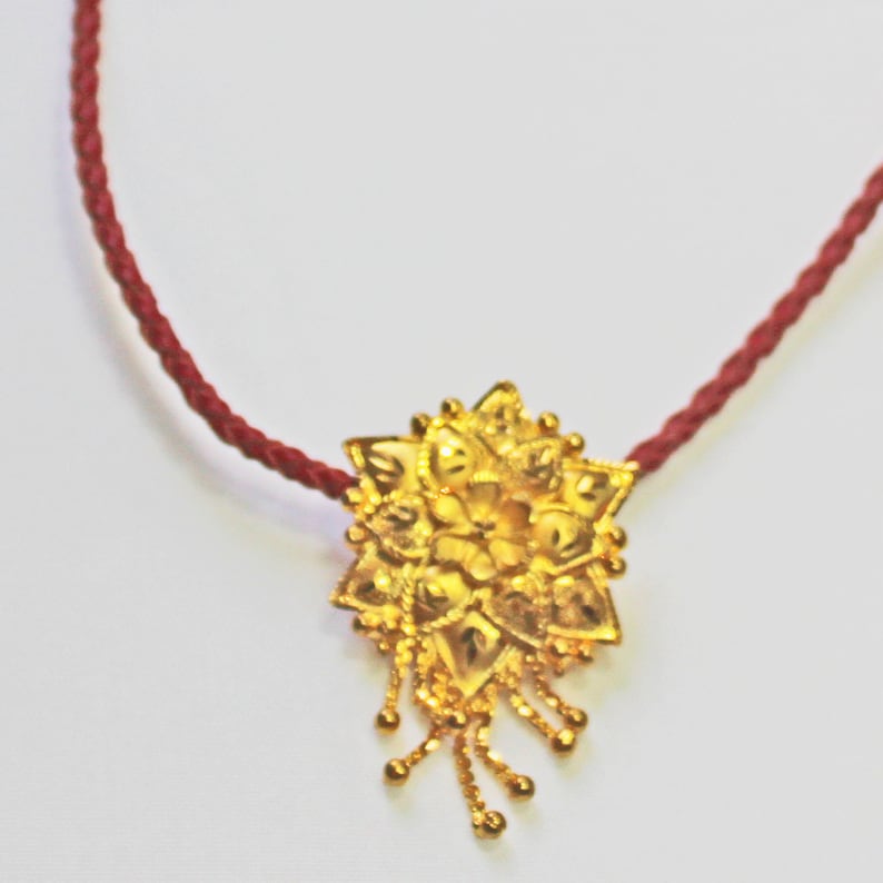 Vintage Gold Plated Turkish Flower pendant, Adjustable Length Red Woven leather Cord, Boho, Ethnic Style Jewelry, Festive look gift image 5