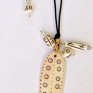 Tribal Faux Ivory Pendant Necklace: Boho Leather Cord, Macrame Detail image 4