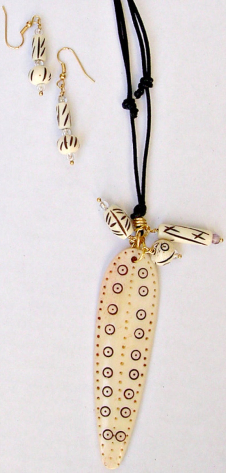 Tribal Faux Ivory Pendant Necklace: Boho Leather Cord, Macrame Detail image 4