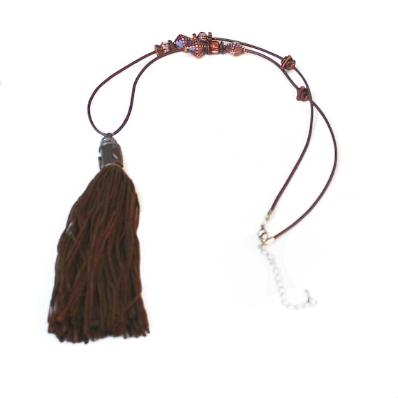 Boho Brown Leather Tassel Necklace, Color Change Mirage Beads, Adjustable