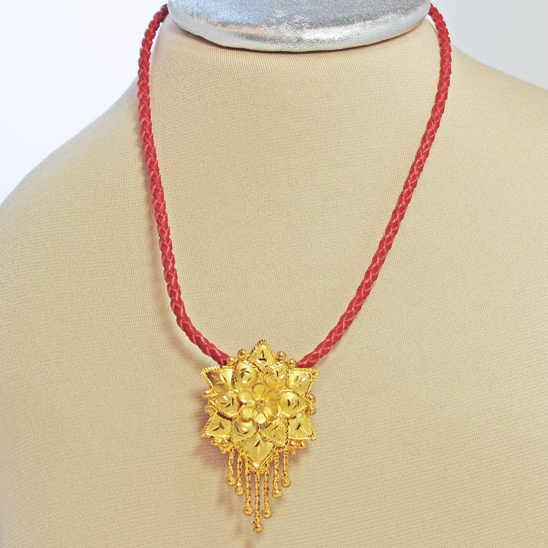 Vintage Gold Plated Turkish Flower pendant, Adjustable Length Red Woven leather Cord, Boho, Ethnic Style Jewelry, Festive look gift image 6