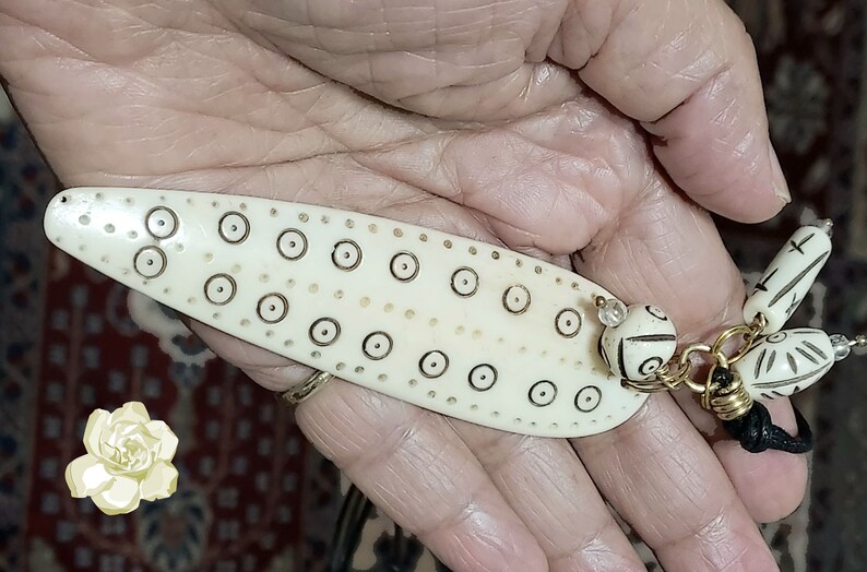 Tribal Faux Ivory Pendant Necklace: Boho Leather Cord, Macrame Detail image 8