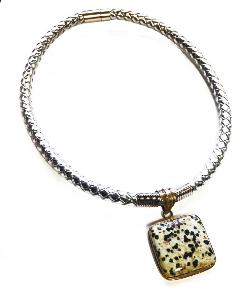 Statement black and white spotted Agate Sterling Pendant, Natural Woven Silver Cord, Dalmatian Agate Necklace, Classic Style and Color Combo image 2