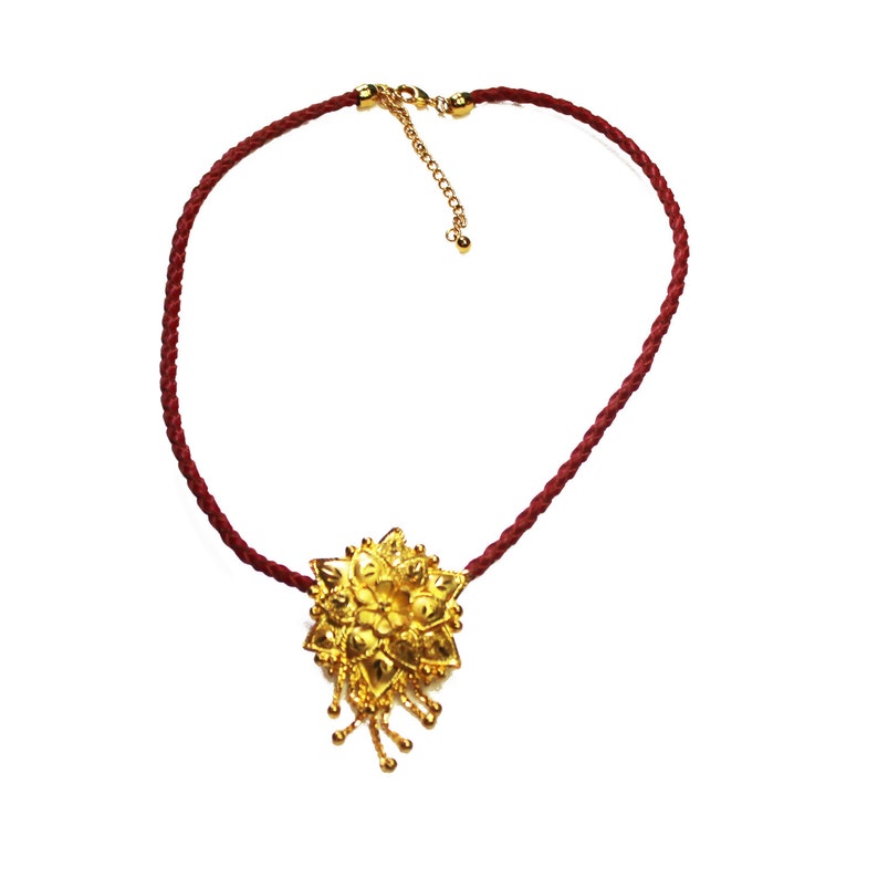 Vintage Gold Plated Turkish Flower pendant, Adjustable Length Red Woven leather Cord, Boho, Ethnic Style Jewelry, Festive look gift image 2