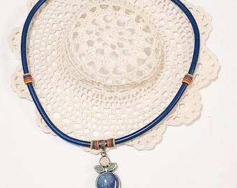 Denim Agate Pendant Leather Necklace, Leather Choker, Sterling Silver Clasp