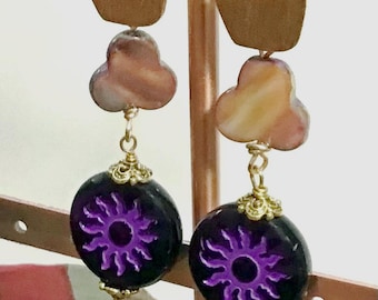 Purple Czech Flower Earrings with Mother of Pearl, Brass Accents – Lightweight Post Jewelry