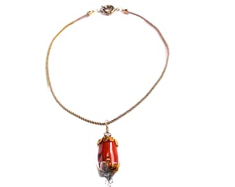 Large Size Natural Red Coral Pendant, Tarnish Proof Rope Style Neck Wire, Untreated Barrel Shape Coral Focal, Unique Bead Caps adorn Pendant