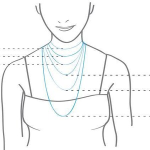 May include: Illustration of a person with necklace length guide. The image shows a diagram of a person's upper body with various necklace lengths, including 12, 16, 18, 20, 24, and 30 inches, to help visualize necklace fit.