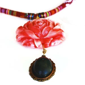 Ethnic Greek Textile Necklace: Red Rose Pendant, Olive Green Gem image 5