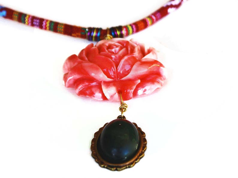 Ethnic Greek Textile Necklace: Red Rose Pendant, Olive Green Gem image 5