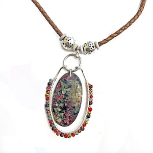 Statement Necklace, Colorful Oval Jasper Pendant, Brown Leather cord, Wire wrap bead pendant accent, Pewter filigree bead, March Birthstone