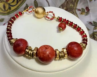 Hand Crafted Bamboo Coral, Red glass and brass bead Bracelet with magnetic clasp