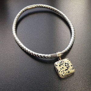 Statement black and white spotted Agate Sterling Pendant, Natural Woven Silver Cord, Dalmatian Agate Necklace, Classic Style and Color Combo image 4