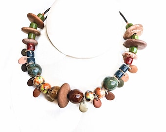 River Rock Necklace, Artisan Ceramic Beads, Adjustable Light weight Leather Cord