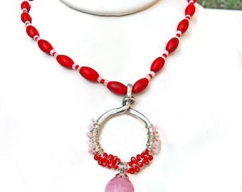 Bright Red Howlite Beaded Necklace, Pink Quartz Silver Pendant, Czech Glass Seed Bead Chain