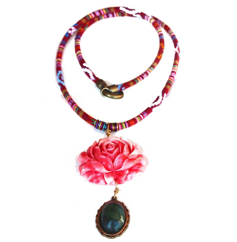Ethnic Greek Textile Necklace: Red Rose Pendant, Olive Green Gem image 3