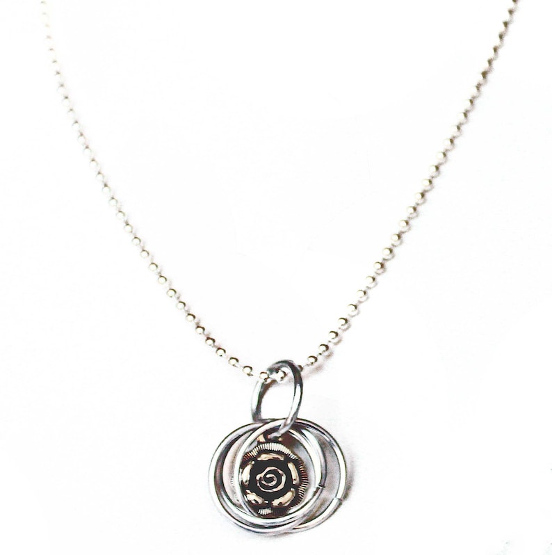 Silver Tone Rose Pendant Petite Necklace, Garden Theme Design With Dangling Rings on a Ball