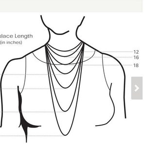 May include: A diagram illustrating necklace lengths, showing how different chain lengths appear when worn. The image includes measurements in inches, ranging from 12 to 36 inches, with a visual representation of how each length drapes on the body.