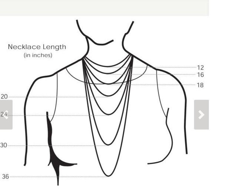 May include: A diagram illustrating necklace lengths, showing how different chain lengths appear when worn. The image includes measurements in inches, ranging from 12 to 36 inches, with a visual representation of how each length drapes on the body.