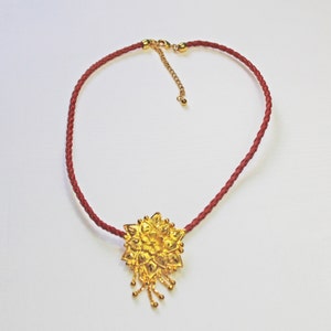 Vintage Gold Plated Turkish Flower pendant, Adjustable Length Red Woven leather Cord, Boho, Ethnic Style Jewelry, Festive look gift image 4