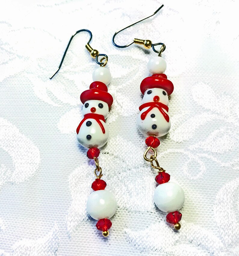 Chic Christmas Ready Pressed Glass Red and White Snow Man long Dangle Bead earrings, round bead charms, a Gift for her, French Wire Findings image 1