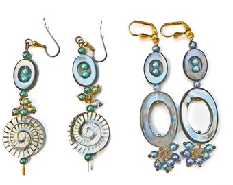 Long Mother of Pearl Dangle Earrings choice, Green Glass Pearls, trendy style
