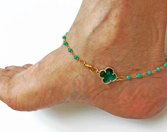 Mother's Day Gift Green Crystal Clover Anklet: Beaded Brass Wire Wrapped Foot Jewelry