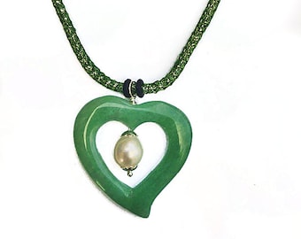 Green Agate Heart Pendant, Silver Silk Chain, Freshwater Pearl Charm Pendant, Spring Green Mesh Cord Necklace, Titanium Mesh Capture Chain