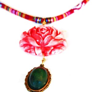 Ethnic Greek Textile Necklace: Red Rose Pendant, Olive Green Gem image 6
