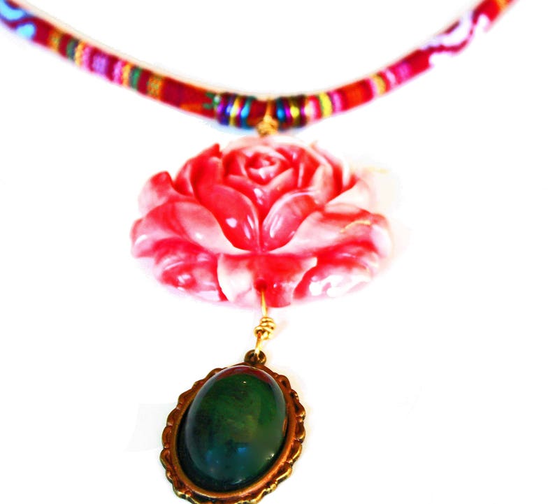 Ethnic Greek Textile Necklace: Red Rose Pendant, Olive Green Gem image 6