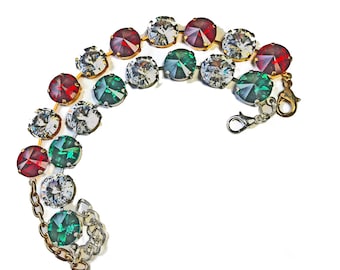 Vintage Crystal Bracelets in Ruby Red, Emerald Green and Clear Crystals, Gold Tone or Silver Tone Choice for Medium Size Wrist, Choose color