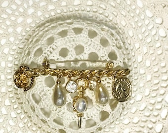 Repurposed Brass Brooch: Pearls, Crystals & Medallions - Shawl Pin
