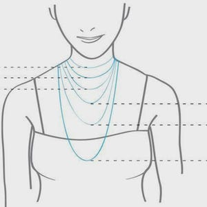 May include: A line drawing of a torso wearing six layered necklaces of varying lengths. Dashed lines extend from each necklace to numerical labels 12, 16, 18, 20, 24, and 30, representing necklace chain lengths in inches for sizing reference.
