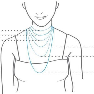 Op de afbeelding: Illustratie van het bovenlichaam van een persoon met een lengtegeleider voor kettingen. Blauwe lijnen tonen kettinglengtes van 30 tot 76 cm. Stippellijnen geven de kettinglengtes aan. De persoon draagt een witte top.