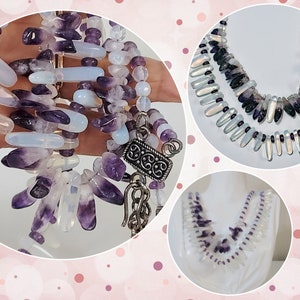 May include: A collection of gemstone necklaces featuring amethyst and opalescent beads. The necklaces vary in design, with some showcasing a layered look and others a more delicate, single-strand style. A silver-toned clasp is visible.